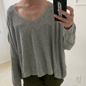 speckled grey slouchy V-neck sweater off-the-shoulder long sleeve